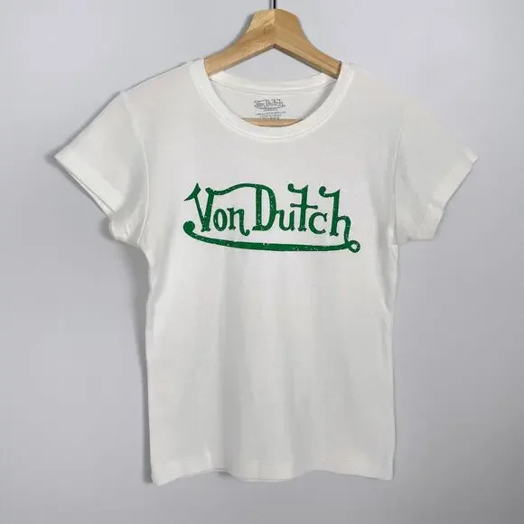 Y2K Von Dutch Logo Graphic Baby Tee White Green Babydoll T Shirt Vintage - Picture 1 of 15